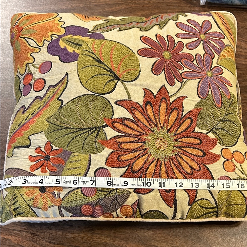 Floral Embroidered Accent Pillow in Cream, Orange, Green, Purple